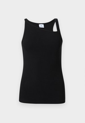 Zwart geribd mouwloos dames topje met asymmetrische halslijn en één dunne schouderband aan de rechterkant.