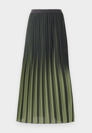 Jupe longue plissée avec des rayures verticales noires et vert olive et une taille noire unie.