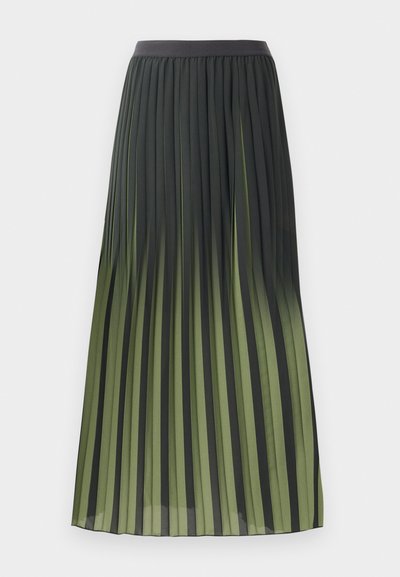 Long pleated skirt with black and olive green vertical stripes and a solid black waistband.