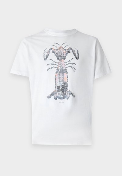 Weißes Baumwoll-T-Shirt mit einem detaillierten Hummer-Graphic in Grau- und Rosatönen, Rundhalsausschnitt und kurzen Ärmeln.
