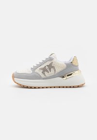 Gray and white sneaker with woven detailing, gold accents, and a textured finish. Features a cushioned sole and lace-up closure.