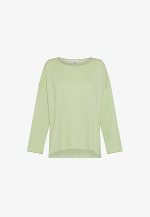Light green, long-sleeve top made from soft fabric. Features a round neckline, drop shoulders, and a relaxed fit with a slightly curved hem.