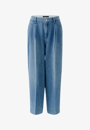 Lichtblauwe denim jeans met hoge taille, plooien, riemlussen, knopen aan de voorkant en brede rechte pijpen die net boven de enkels zijn afgeknipt.