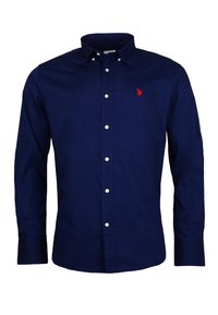 Marineblaue, langärmelige Button-Up-Hemden aus Baumwolle, mit kragen und einem roten Logo auf der Brust. Weiße Knopfdetails.