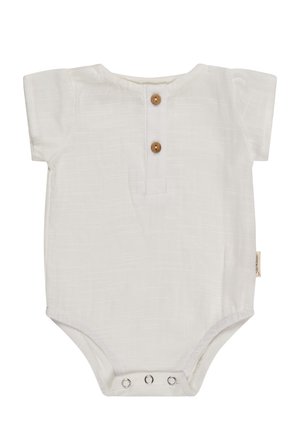 Weißer Baby-Body mit kurzen Ärmeln, zwei Holzknöpfen auf der vorderen Knopfleiste und Druckknöpfen im Schritt.