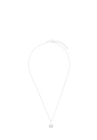 Collar de cadena de plata que presenta un colgante en forma de mariposa con acentos en rosa y azul claro, superficie lisa y detalles de diseño delicados.