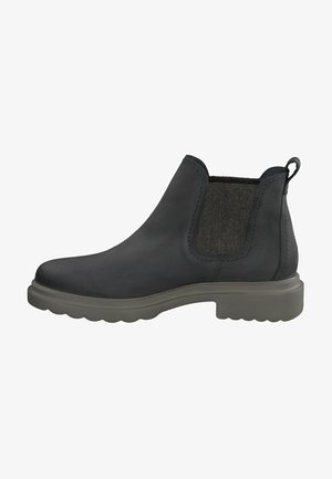 Zwarte leren enkelboot met elastische zijpanelen, textuur van grijs stofaccenten en een chunky rubberen zool met een golvend profiel.