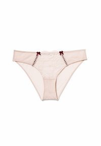 Sous-vêtements en dentelle beige ornés de motifs floraux, avec un tissu lisse et de petits nœuds bourgogne sur les côtés pour des accents décoratifs.