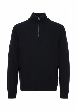 Navy pullover sweater made of knit fabric, featuring a high collar, half-zip front, and ribbed cuffs and hem for a snug fit.