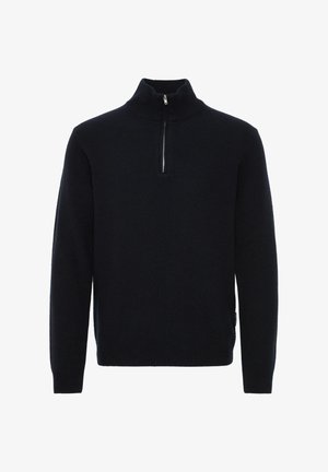 Pull-over en maille de couleur marine, doté d'un col haut, d'une fermeture éclair mi-longue à l'avant, et de poignets et d'un ourlet côtelés pour un ajustement confortable.