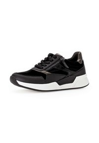 Sneaker sportive nere con una parte superiore texturizzata, design con lacci e una cerniera laterale. Sole bianco con accenti tonali e una forma elegante e moderna.