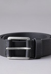 Black leather belt with a textured finish, featuring a silver rectangular buckle and white stitching along the edge.
