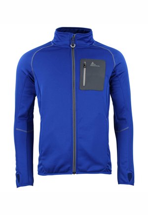 Veste en polaire bleue avec un col montant, poche poitrine grise, coutures grises et trous pour les pouces. Texture lisse, design ajusté. Fermeture éclair à l'avant.