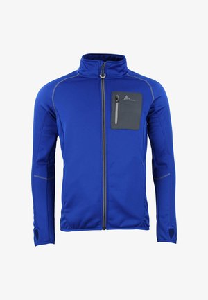 Blå fleecejakke med høj krave, grå brystlomme, grå syninger og tommelhuller. Glat tekstur, tætsiddende design. Lynlås lukning foran.