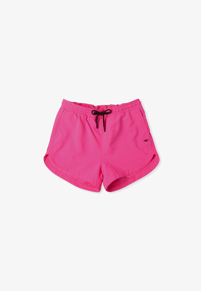 Světlé růžové sportovní šortky s elastickým pasem a černou šňůrkou, zakřiveným lemem a malým černým logem na pravém stehně.