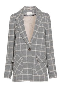 Blazer à carreaux gris avec fermeture à un bouton, grands revers, poches à rabat et doublure beige, présenté sur un fond blanc.