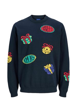 Marineblauer Pullover mit mehrfarbigen festlichen Motiven: Geschenke, Glocken und dem Text "HOLLY JOLLY". Hergestellt aus weichem Strickstoff mit gerippten Bündchen.