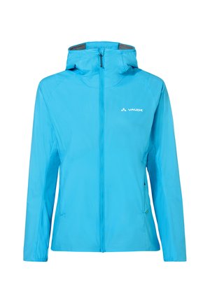 Giacca con cappuccio azzurro chiaro con cerniera frontale, maniche lunghe e piccolo logo bianco Vaude sul petto sinistro.