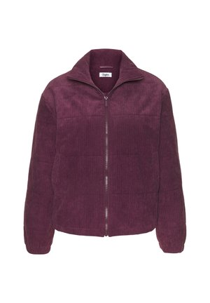 Lila Cord-Steppjacke mit durchgehendem Frontreißverschluss, hohem Kragen und elastischen Bündchen.