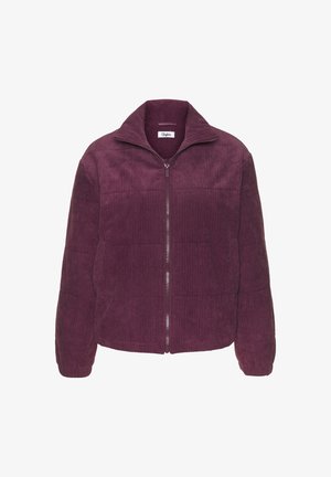 Purple corduroy puffer jacket with full front zipper, high collar, and elasticized cuffs.