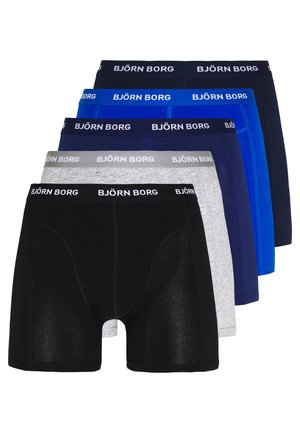 Five pairs of Björn Borg boxer briefs in black, grey, navy blue, and bright blue. Each has a branded elastic waistband and a fitted design.