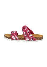 Roze sandalen met twee verstelbare banden met een eenhoornpatroon, kurken voetbed en witte rubberen zool.