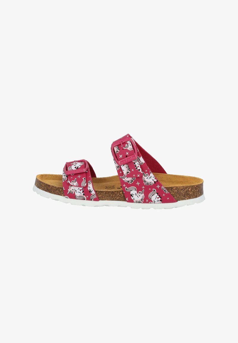 Rosa sandaler med två justerbara remmar som har ett enhörningsmönster, korkfotbädd och vit gummisula.