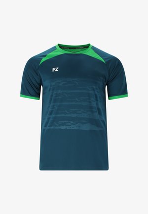 Mørkeblå sportstrøje med grønne accenter, kortærmet og rund hals. Har et diskret mønster på forsiden og "FZ" logo.