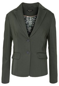 Dark green, fitted blazer with two buttons, peaked lapels, and two front pockets. Lined with a patterned fabric in shades of green and pink.