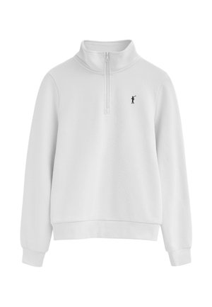 Biała bluza z długim rękawem i zamkiem do ćwiartki, z wysokim kołnierzem i małym czarnym logo gracza polo na lewej piersi.