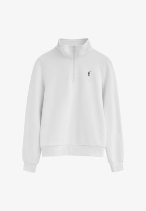 Hvid langærmet sweatshirt med kvart lynlås, høj krave og lille sort polo-spiller logo på venstre bryst.