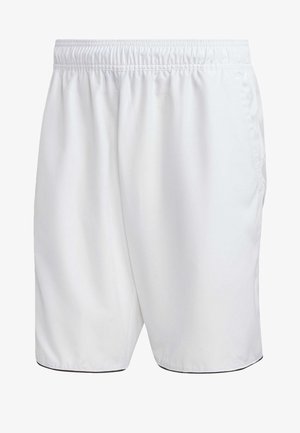 Weiße Shorts mit elastischem Bund, glatter Textur und kontrastierendem schwarzen Saum. Entworfen für Freizeit- oder Sportbekleidung.