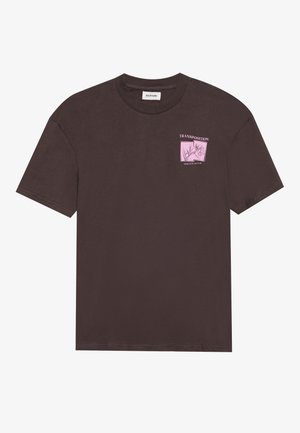 Brown cotton t-shirt with short sleeves, round neck, and a pink square graphic on the left chest featuring botanical designs and text.