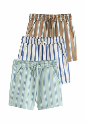 Three pairs of striped shorts in beige, white, and light green with elastic waistbands and drawstrings, arranged layered on a white background.