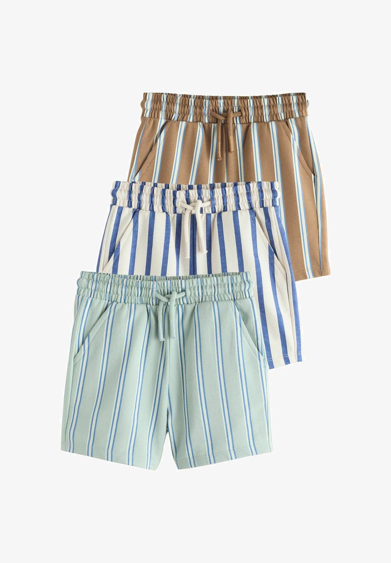 Trois paires de shorts à rayures en beige, blanc et vert clair avec des tailles élastiques et des cordons de serrage, disposées en couches sur un fond blanc.