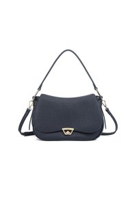 Borsa a tracolla in pelle blu navy con silhouette curvata, finitura testurizzata, tracolla regolabile e dettagli in metallo dorato.