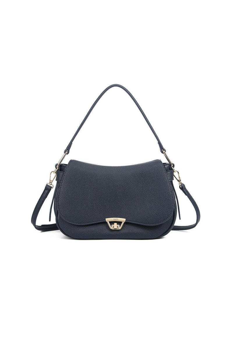 Borsa a tracolla in pelle blu navy con silhouette curvata, finitura testurizzata, tracolla regolabile e dettagli in metallo dorato.