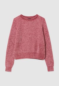 Maglione rosa lavorato a maglia con finitura testurizzata, scollo a girocollo a costine e polsini a costine. Il design presenta una vestibilità rilassata e cuciture delle spalle scese.