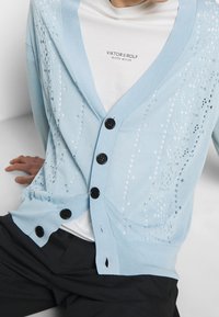 Cardigan lavorato a maglia blu chiaro con scollo a V, chiusura con bottoni e motivi decorativi a fori. Abbinato a una maglietta bianca sottostante.