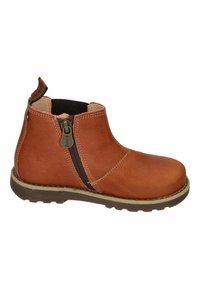 Brown leather ankle boot with side zipper, gray rubber sole, and contrasting stitching. Features a pull tab at the back for easy wear.