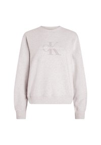 Sudadera gris claro con cuello redondo y puños acanalados, con un logo bordado "CK" y el texto "Calvin Klein Jeans" en la parte frontal.