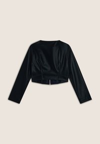 Top lungo a maniche lunghe nero cropped realizzato in tessuto liscio e elasticizzato. Presenta un collo rotondo e una cerniera nascosta sul retro.