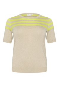 Beige knitted sweater with short sleeves, featuring horizontal lime green stripes across the chest. Rounded neckline and soft texture.