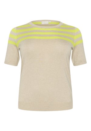 Beige knitted sweater with short sleeves, featuring horizontal lime green stripes across the chest. Rounded neckline and soft texture.