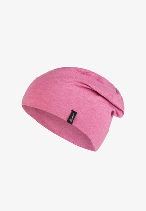 Berretto stretto rosa realizzato in materiale morbido, con una vestibilità ampia, una sottile trama e un piccolo etichetta nera sul lato.