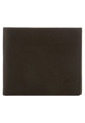 Brown leather wallet with a textured surface, bi-fold design, and a subtle embossed logo. Features visible stitching and clean edges.