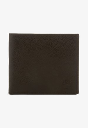Brun læderpung med en struktureret overflade, bi-fold design og et diskret præglogo. Har synlige sømme og rene kanter.