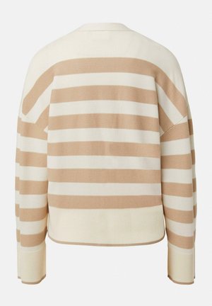 Pullover mit Creme- und Hellbraun gestreift, lockerer Passform, gerippter Struktur, weitem Ausschnitt und mit heruntergesetzten Schultern, Rückansicht.