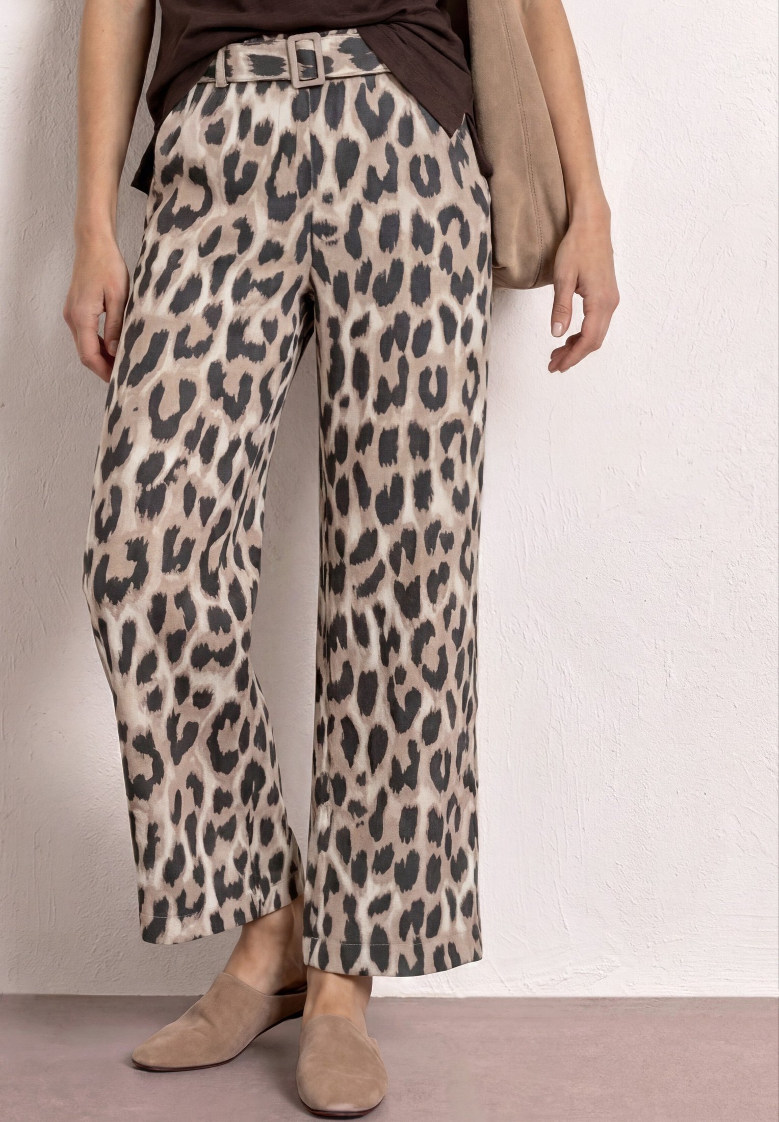 Street One WIDE-LEG PANTS WITH BELT AND LEOPARD PRINT - Trousers
