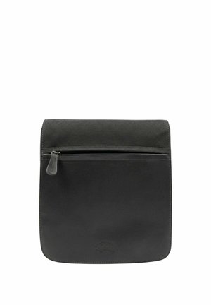 Sac bandoulière en cuir noir et tissu avec une poche avant zippée et des bords inférieurs arrondis.